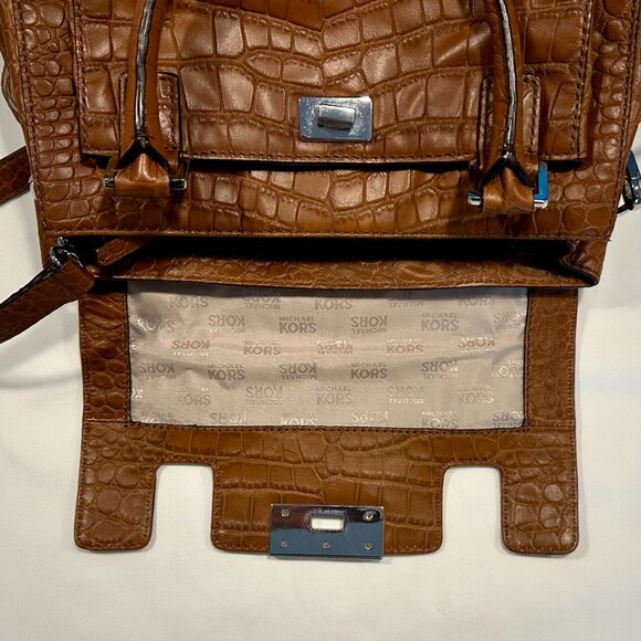 MICHAEL Michael Kors Sloan Croc Embossed Mocha Leather Silver Shoulder Satchel - Picture 11 of 15